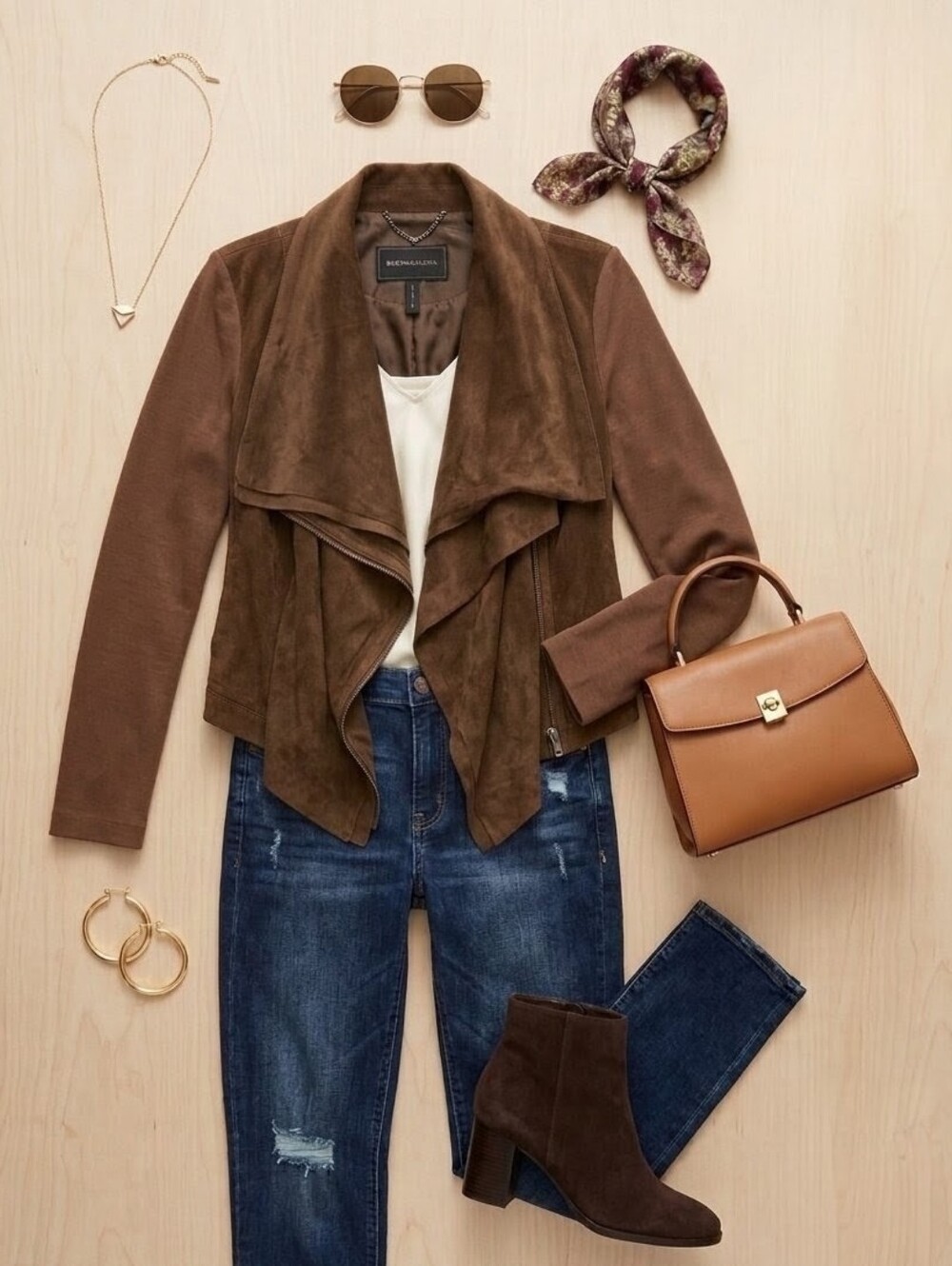 BCBGMaxAzria Ana Faux Suede Asymmetric Drape Moto Jacket Toffee Brown S